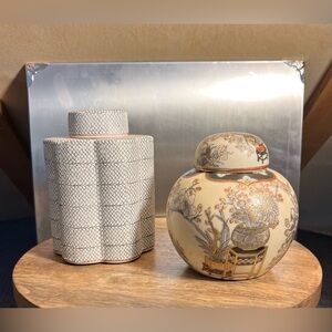 Pair of Vintage Asian Hand Painted Ceramic Porcelain Storage Jars